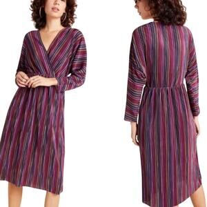 Anthropologie x CAARA Gillian Pleated Midi Burgundy Striped Dress Small New